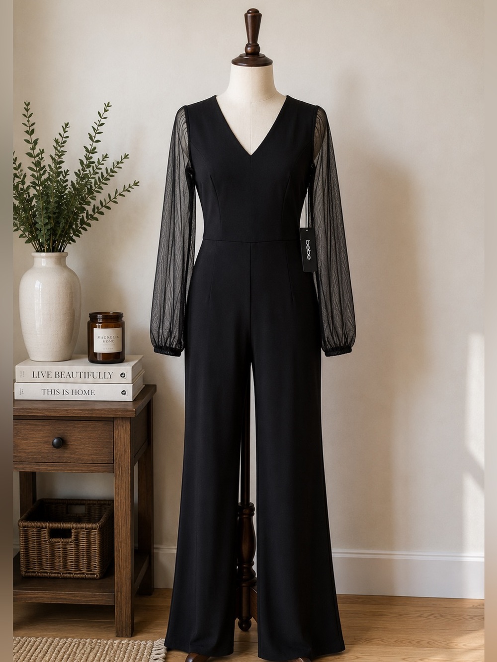 NWT BEBE Black Sheer Mesh Sleeve Wide Leg Jumpsuit Evening Party Size S